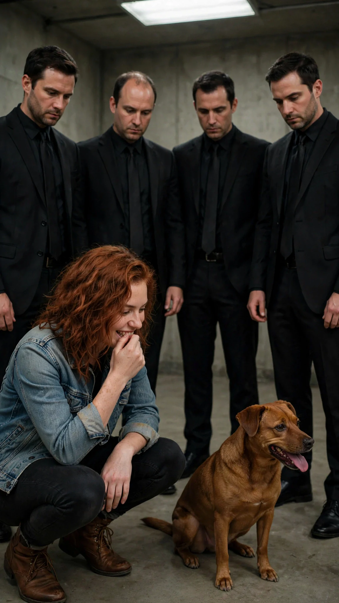 The brown dog sits on the concrete while the men stare at it.