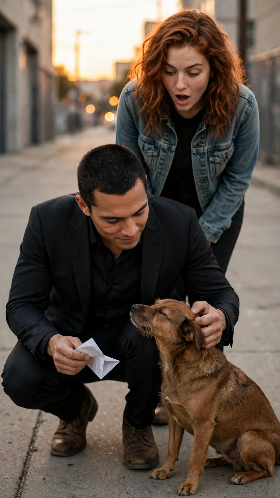 The tall man crouches to scratch the brown dog's ear, paper in his other hand.