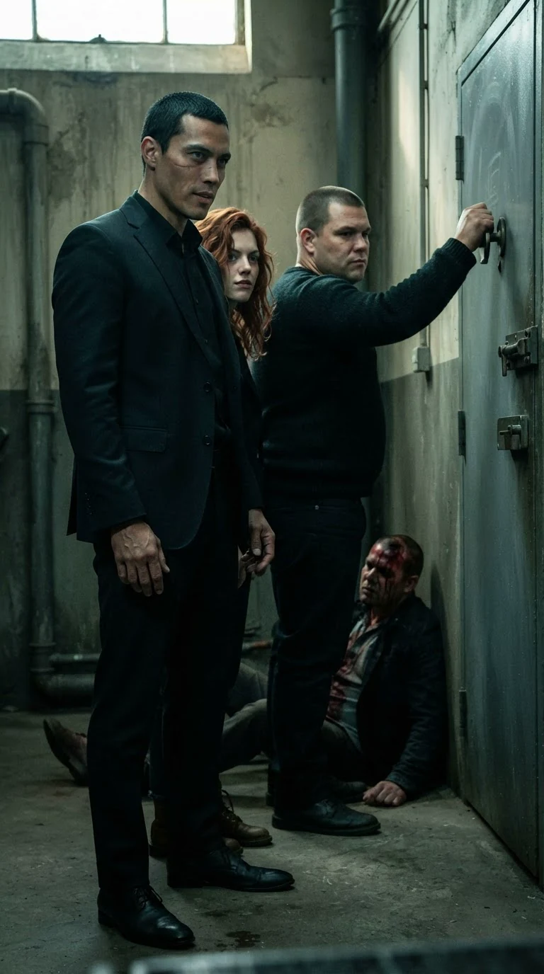 The tall man blocks her way while the broad soldier locks the door behind her.