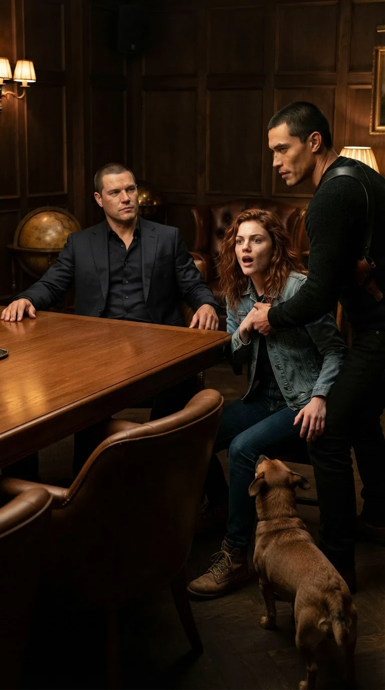 A tall man in a dark suit sits at a long table while a stocky man in a sweater grips a woman's arm.