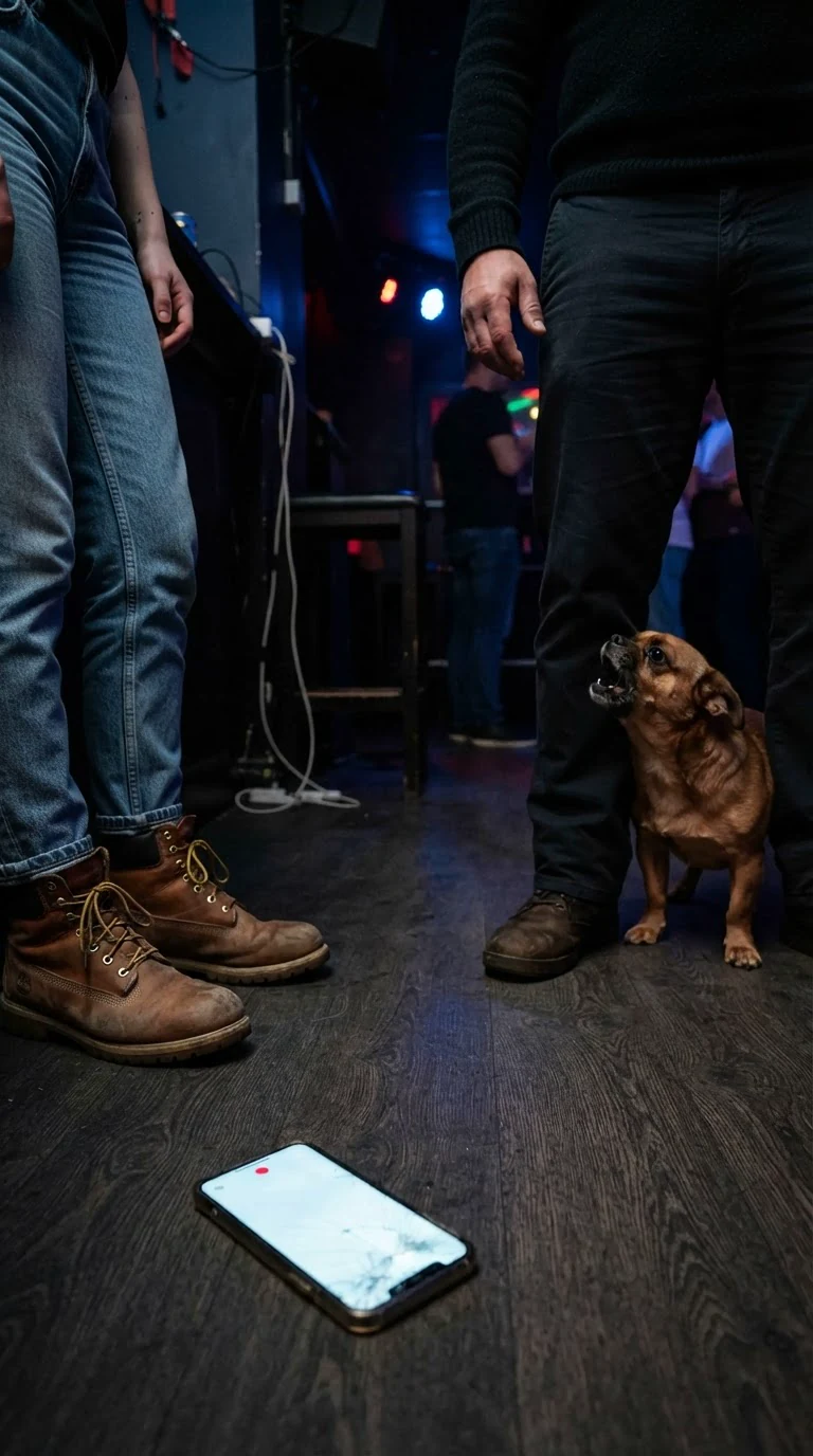 A phone lies face up on the floor while a small brown dog barks at a man's ankle.