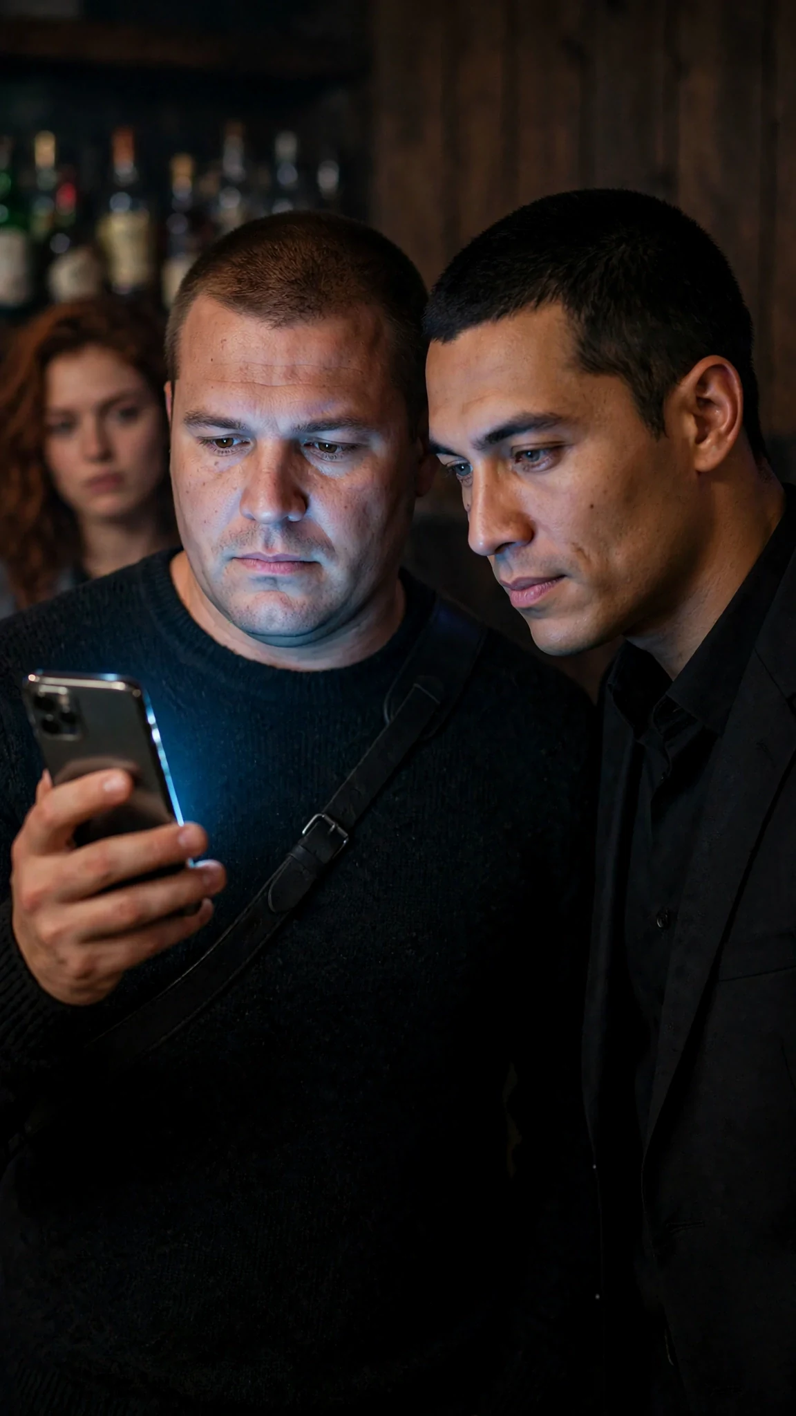 A stocky man holds up a glowing phone while the seated man in the dark suit reads the screen.