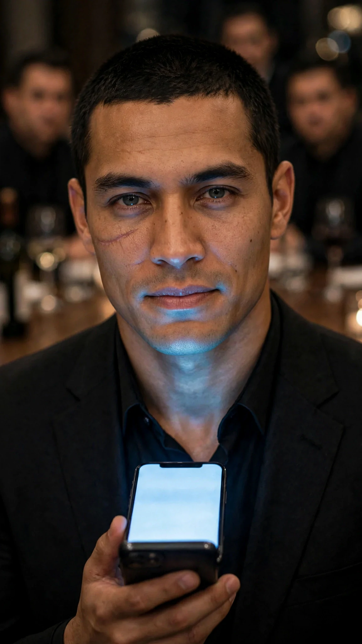 Close shot of a hard-faced man in a suit looking at a bright phone screen, red live dot glowing.