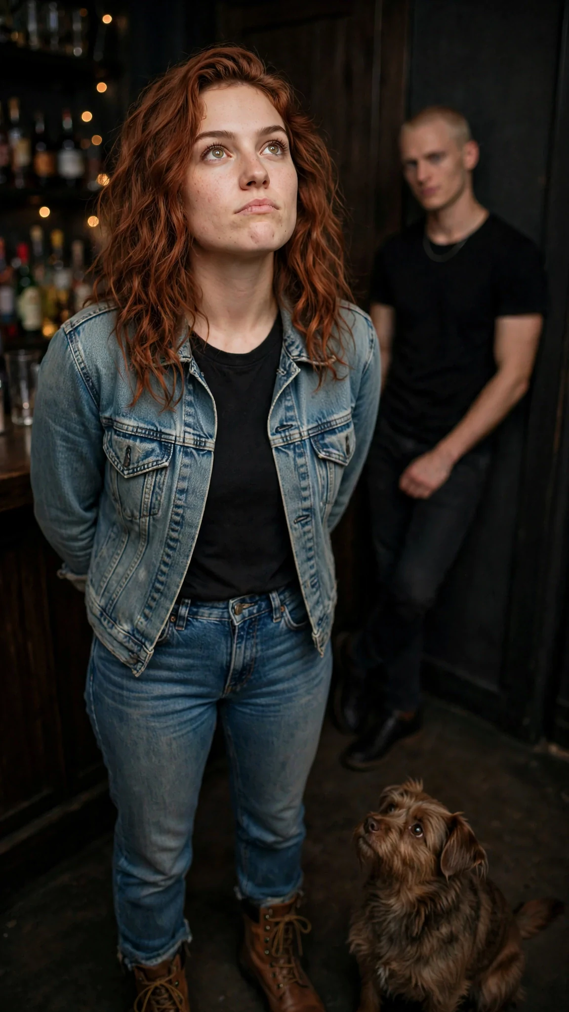 A young woman in a denim jacket lifts her chin, hands shaking, in a dark club room.