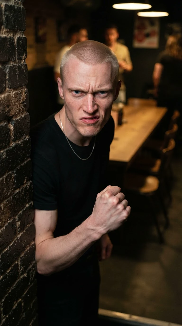 A lean blond man in a black shirt steps forward, angry, pointing at the floor.