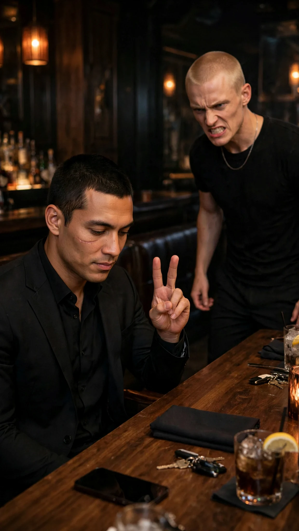The man at the table raises two fingers and a soldier stops mid-step.