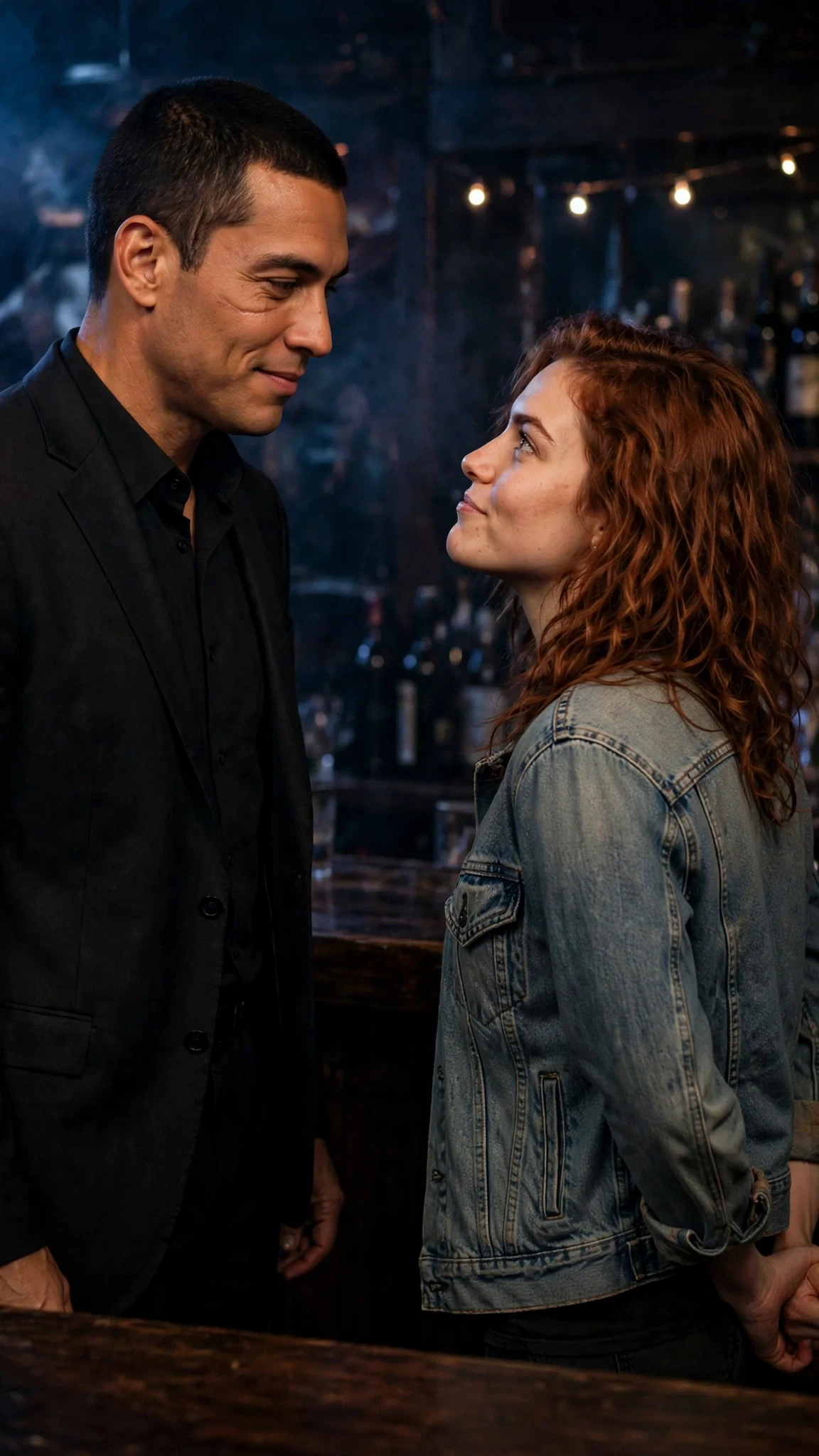 A tall man in a suit walks toward a nervous woman who hides her shaking hands.