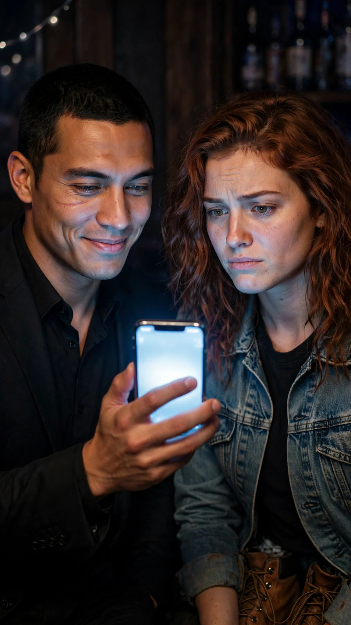 A man in a suit holds a phone between himself and a woman, both looking at it.