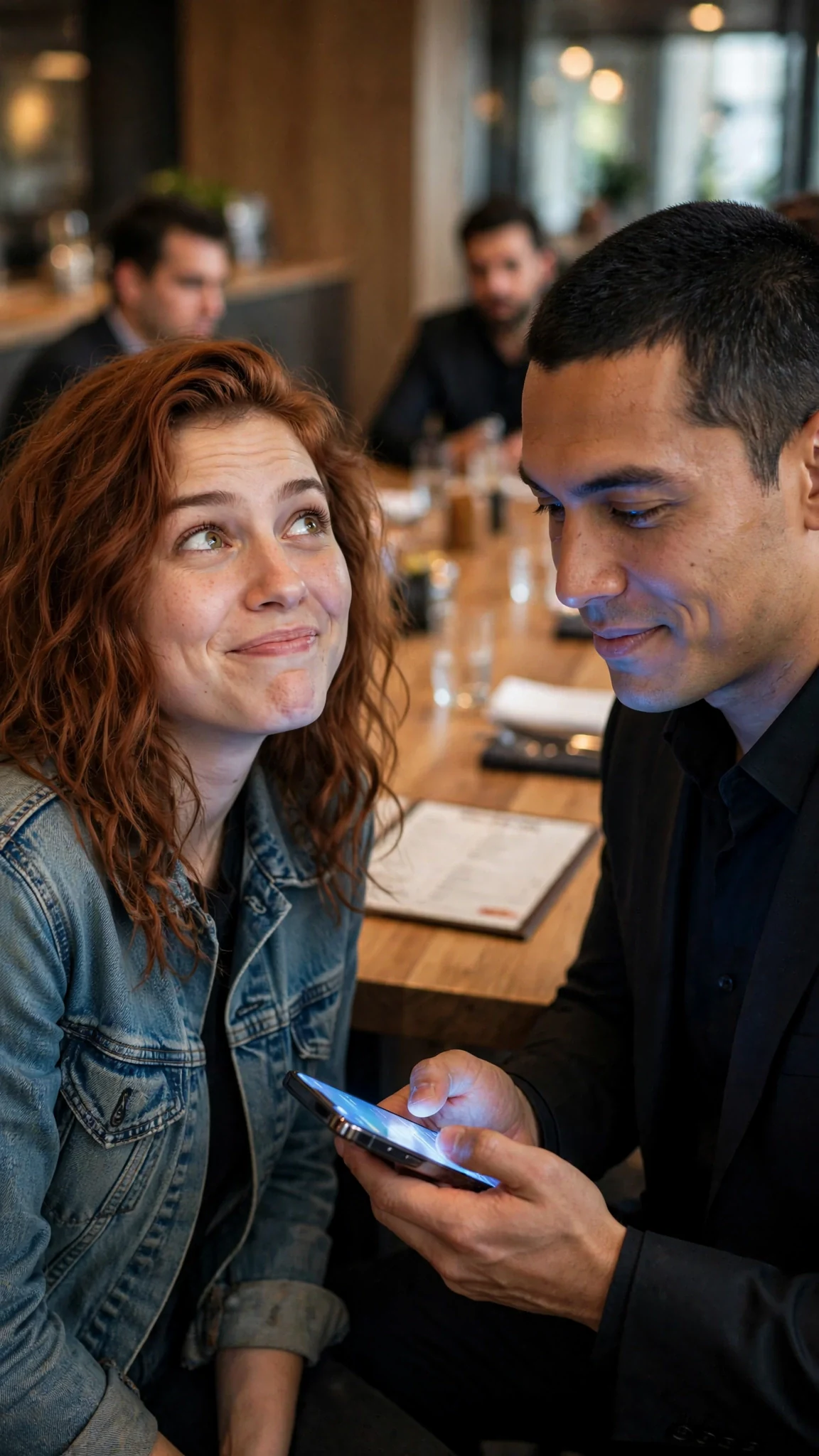 A woman in a denim jacket shrugs with a crooked, nervous smile at a man holding a phone.