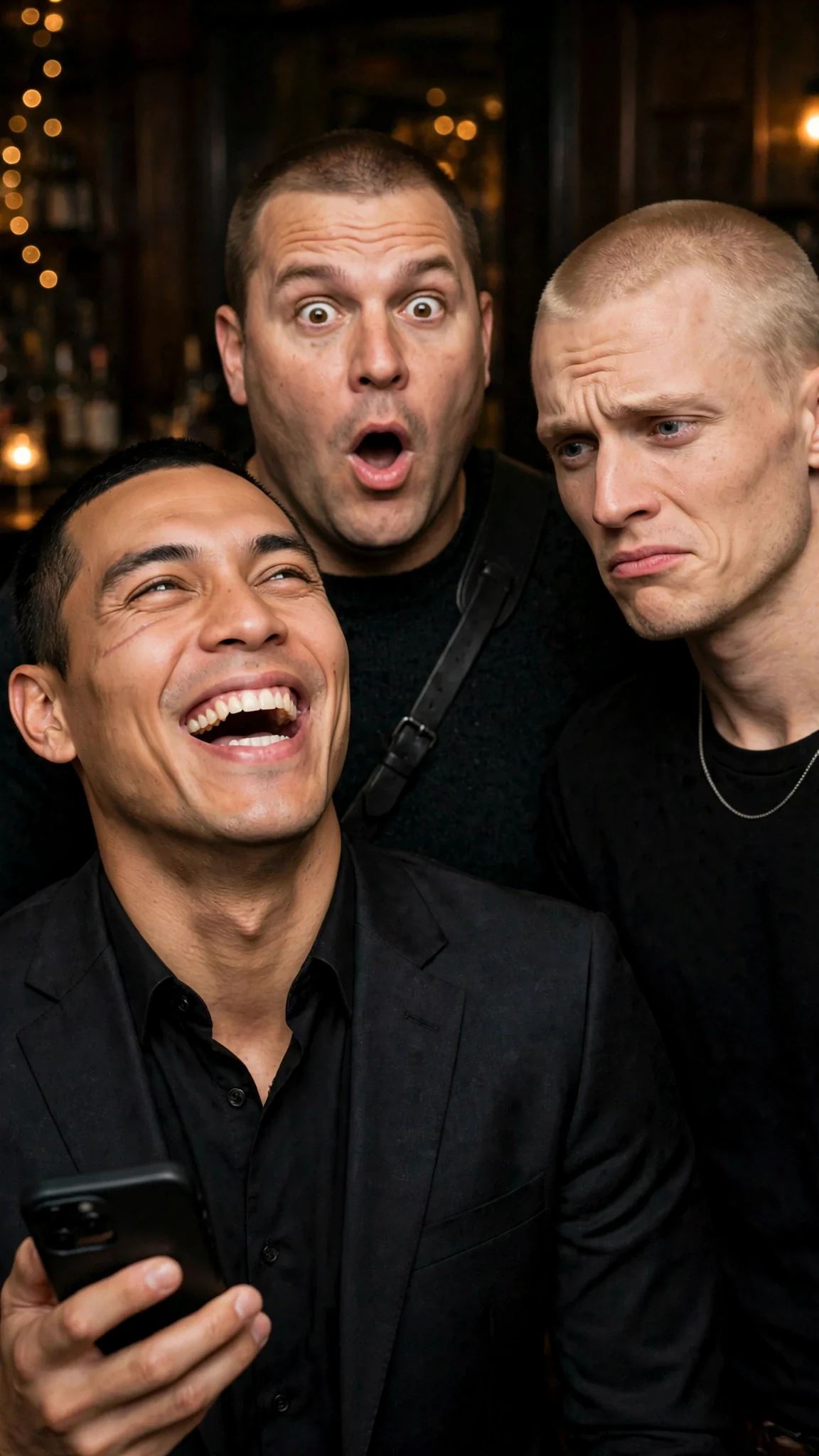 A tall man in a suit laughs openly, head tipped back, in a dark club room.