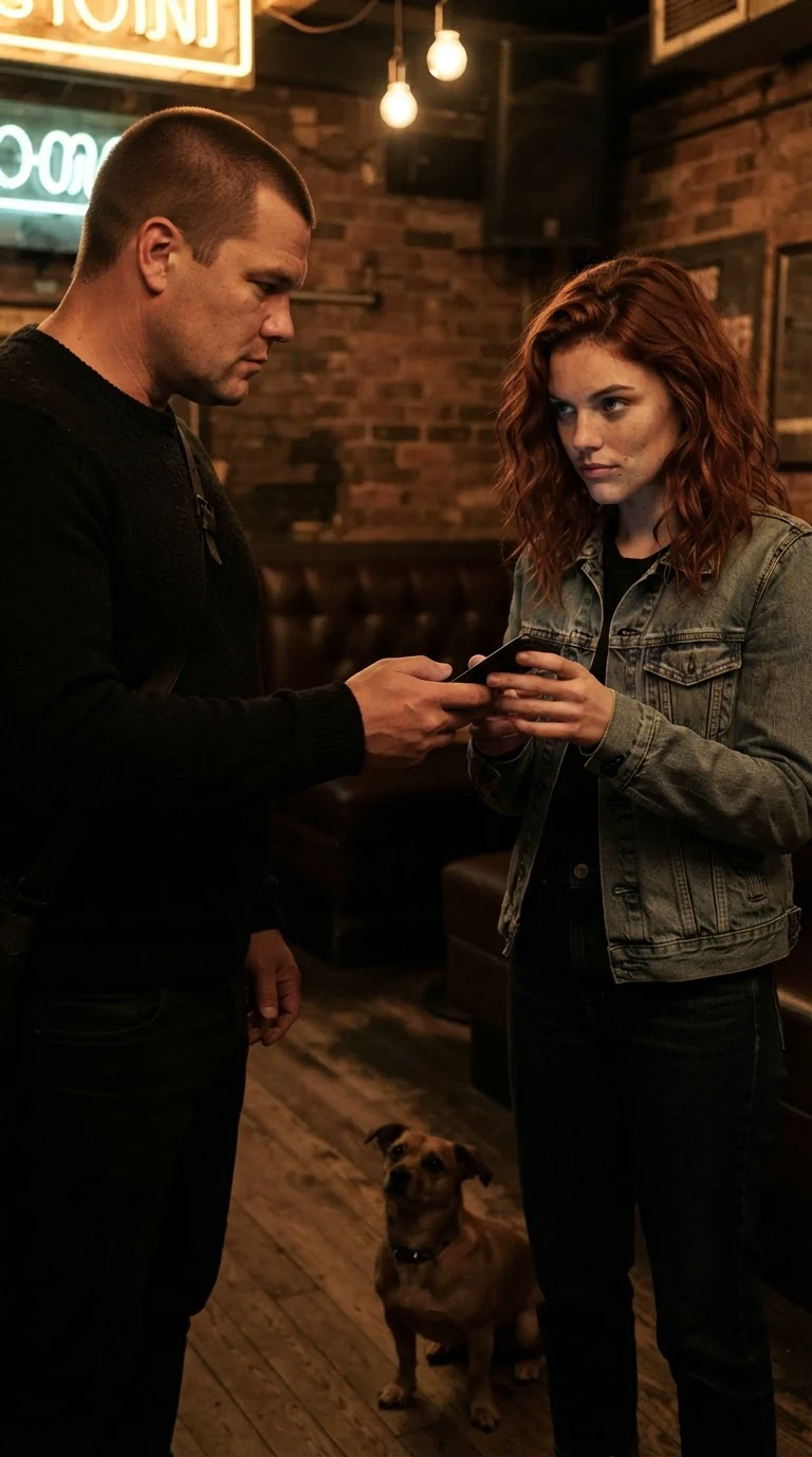 A stocky man in a sweater hands a phone back to a wary young woman.