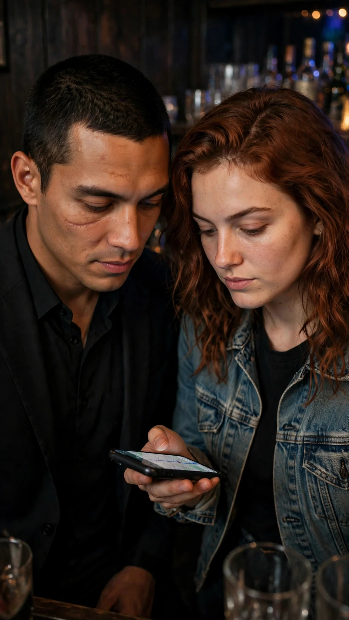 Close two-shot of a tall man in a suit and a woman with a denim jacket, faces close.