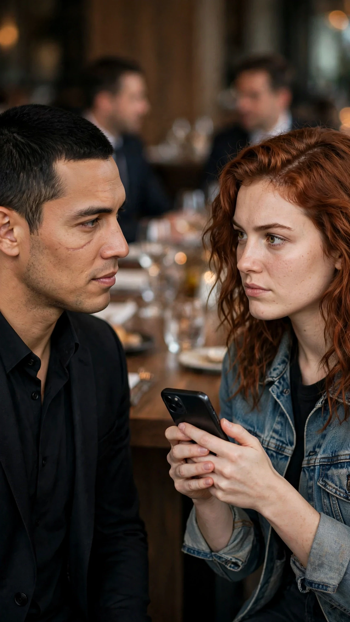 The tall man in the suit studies the woman's face as she holds her phone like a shield.