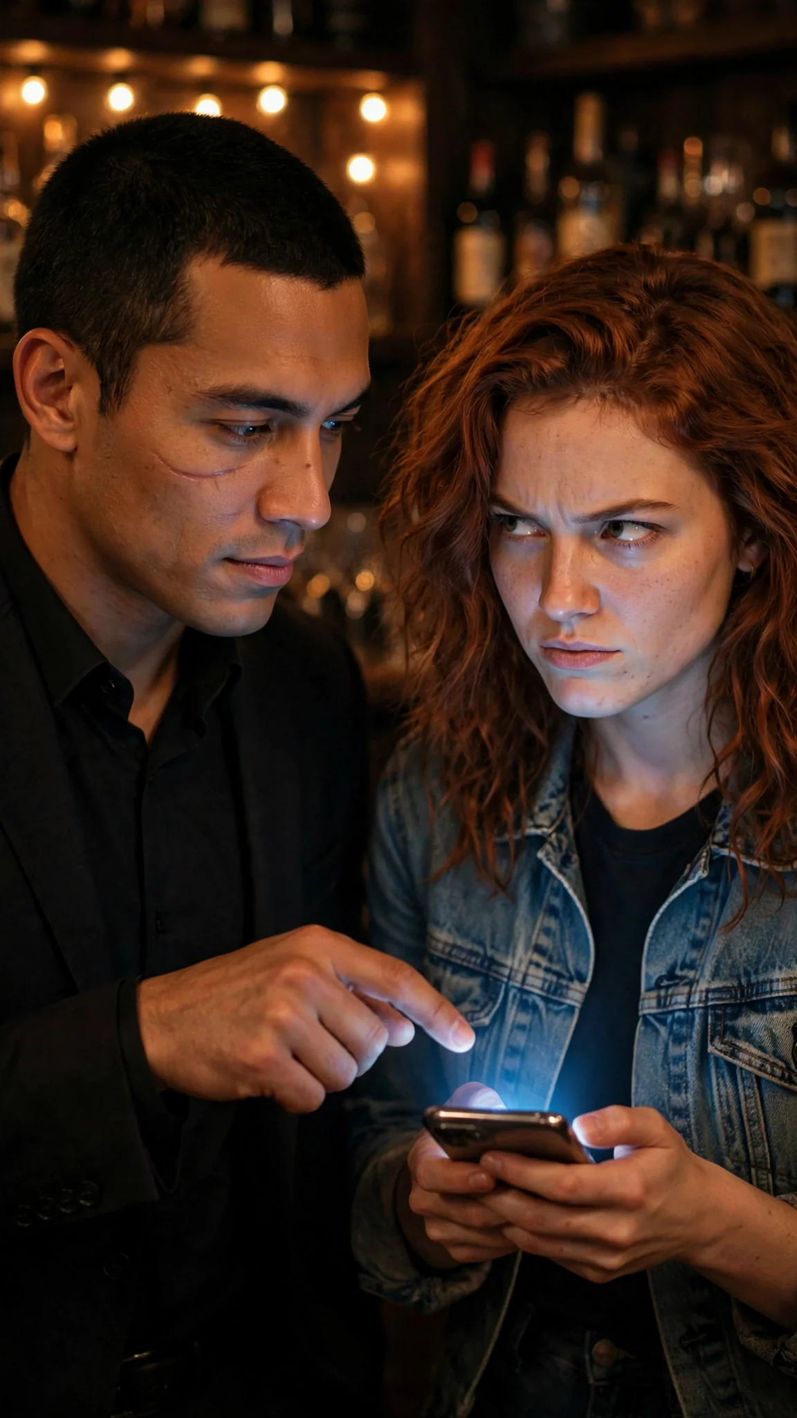 A man in a suit gestures toward a glowing phone while the woman watches him.