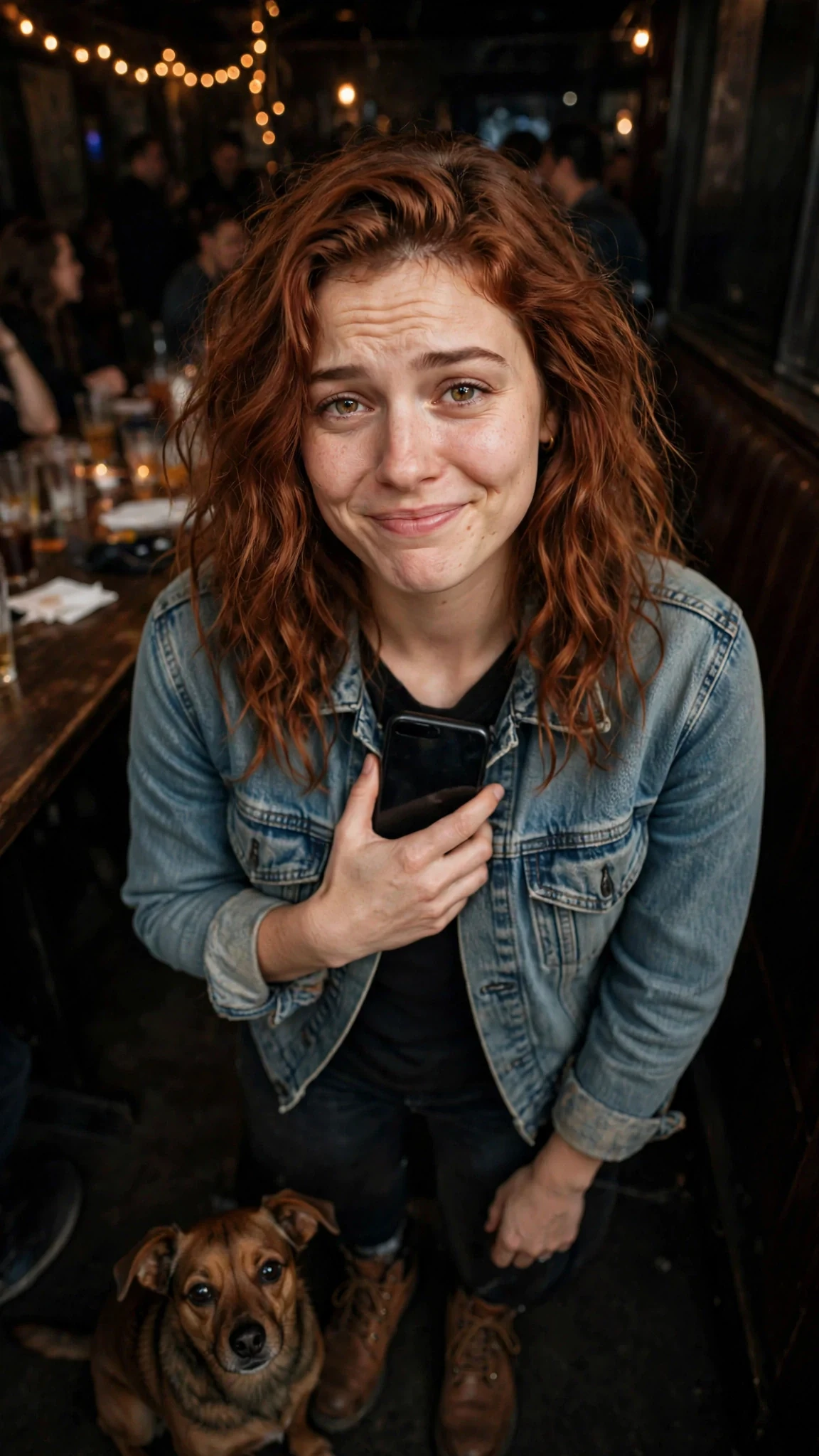 A young woman in a denim jacket gives a tired, lopsided smile.