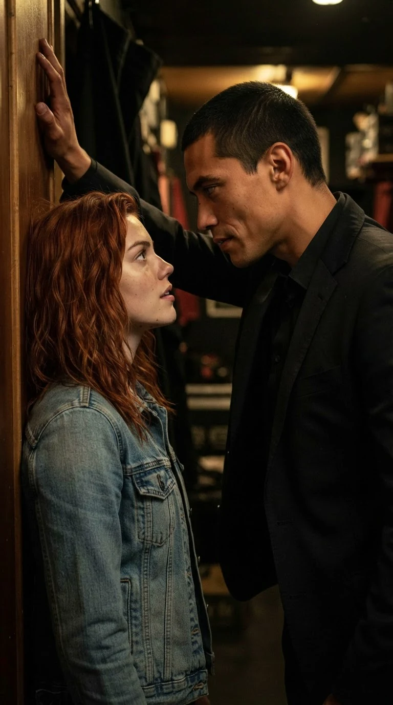A tall man in a suit braces one hand on the doorframe above a woman's head, close.