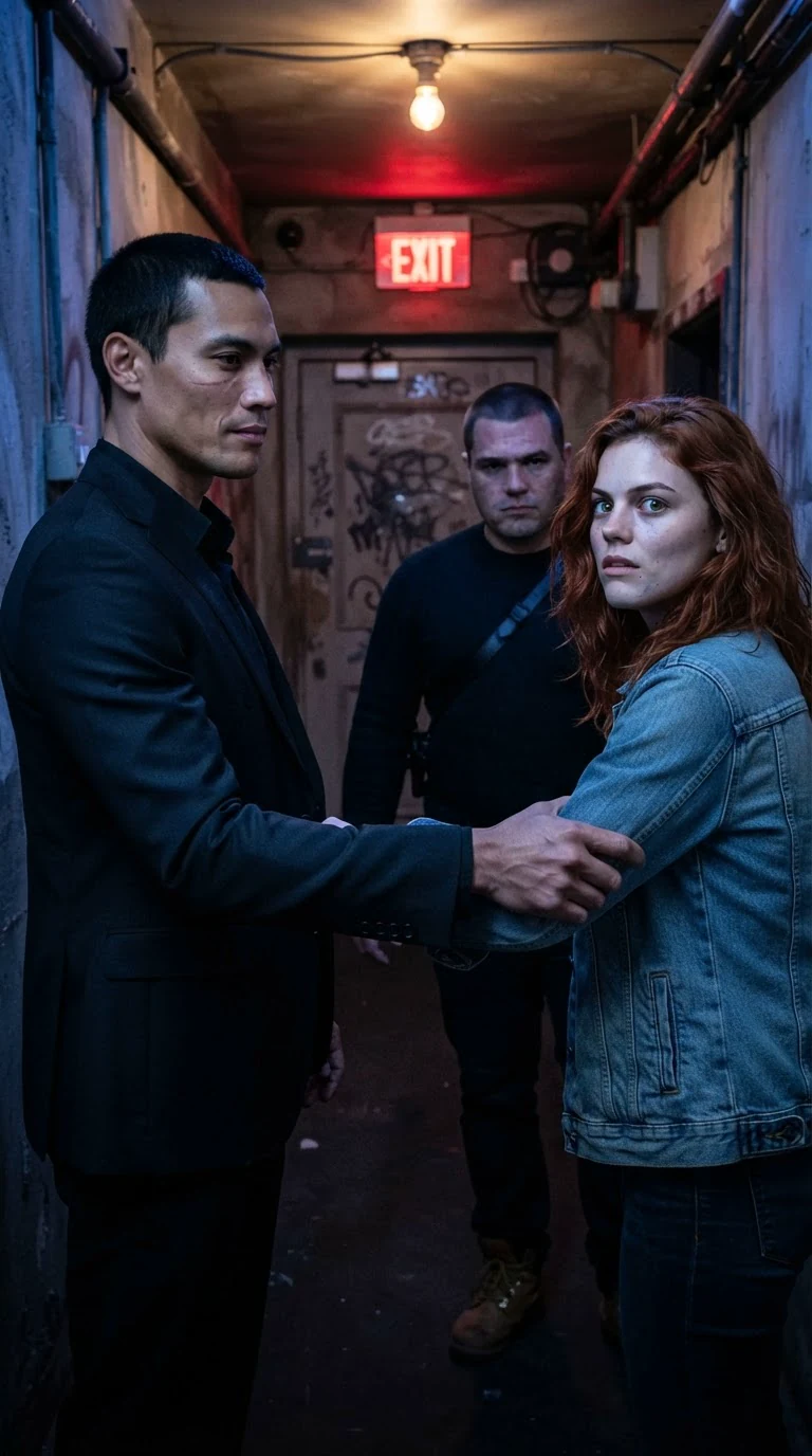 Sivio grips Winnie's elbow in a dark club corridor while Sandro follows.