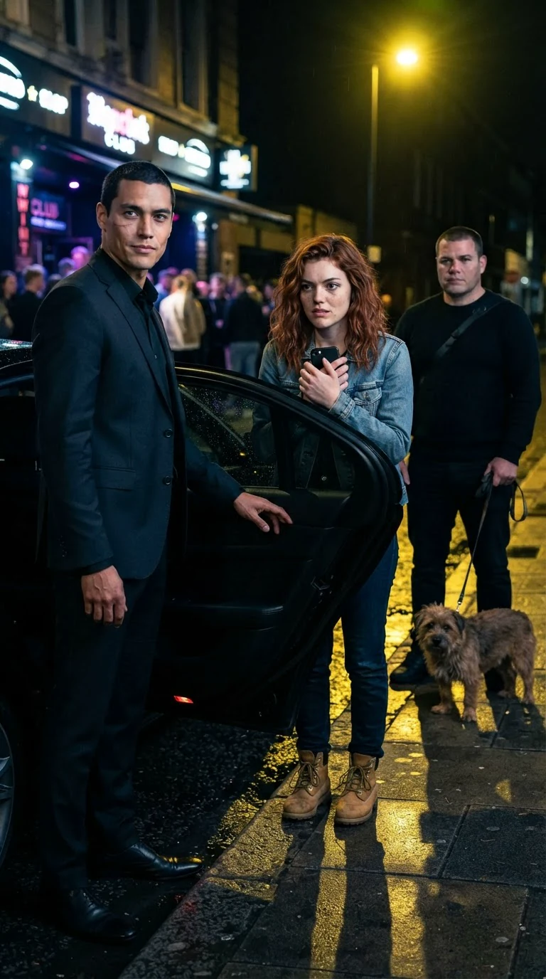 Sivio opens a black car door for Winnie on a dark street.