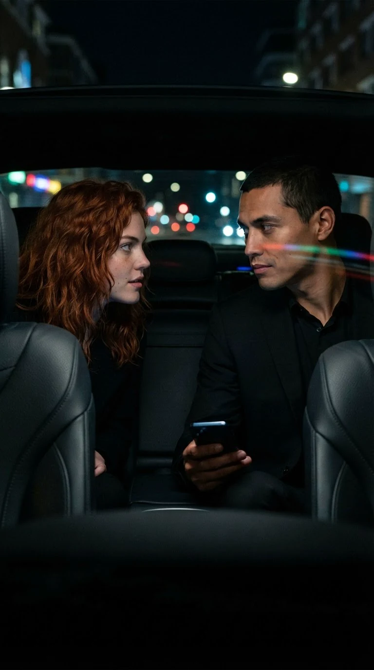 Winnie sits across from Sivio in the back seat of a dark car.