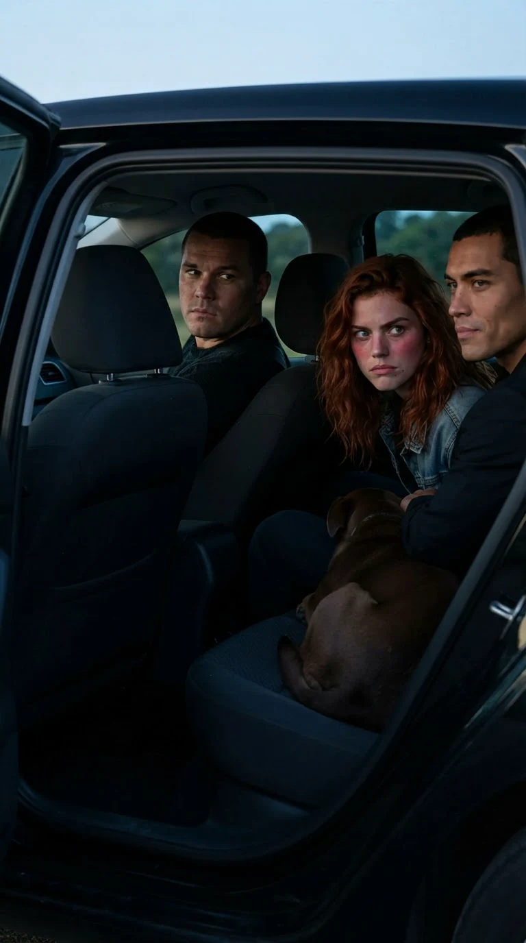 Sandro glances back from the driver's seat while Winnie glares at him.