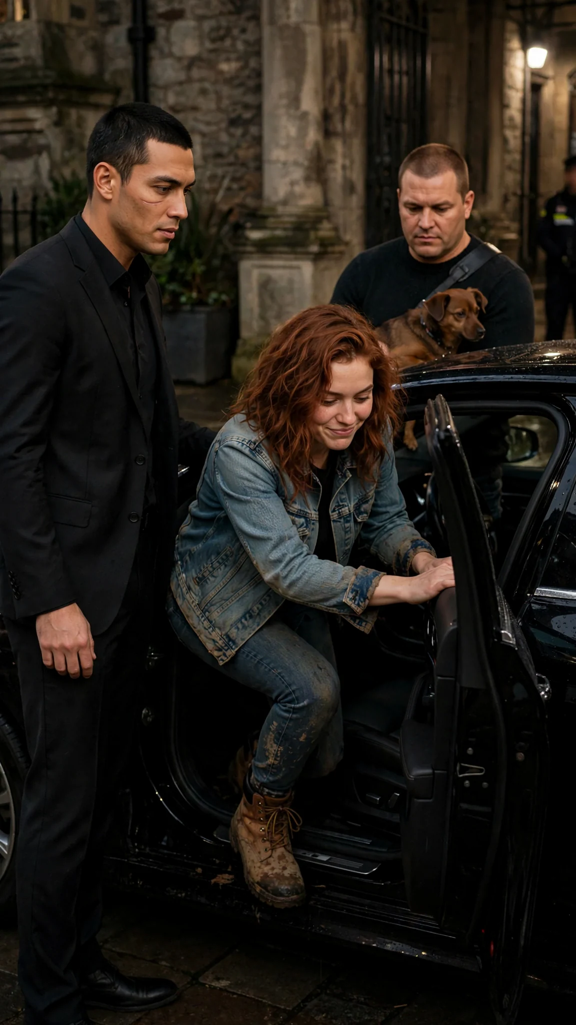 Sivio watches Winnie climb out of the car outside his building.