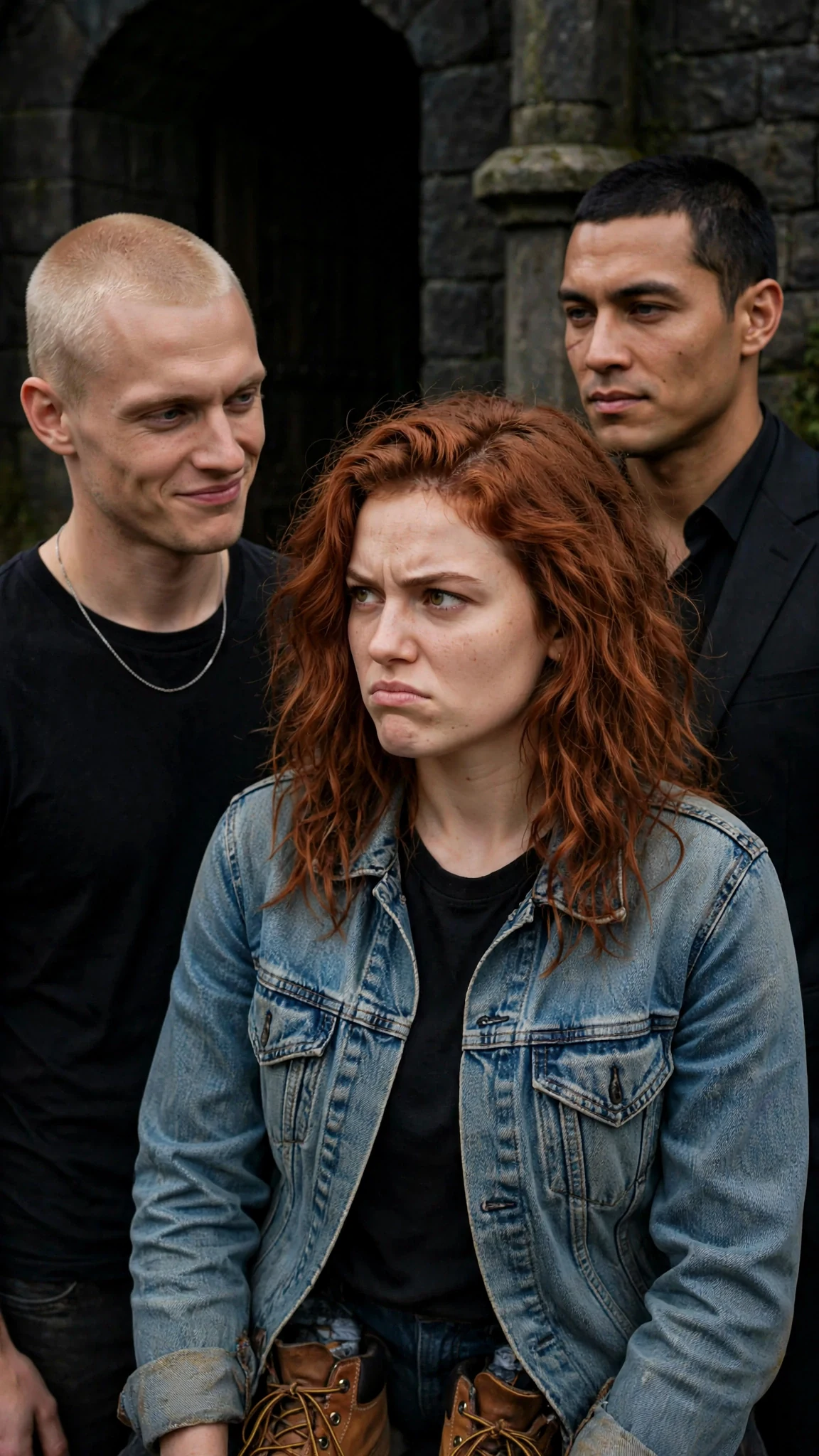 Carlo smirks at Winnie at the building entrance while Sivio stands behind her.