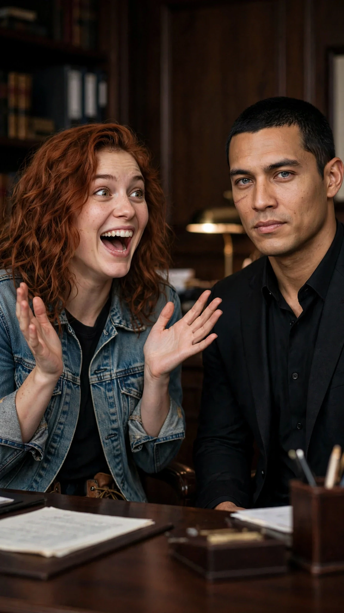 Winnie laughs in panic while Sivio stays serious in his office.
