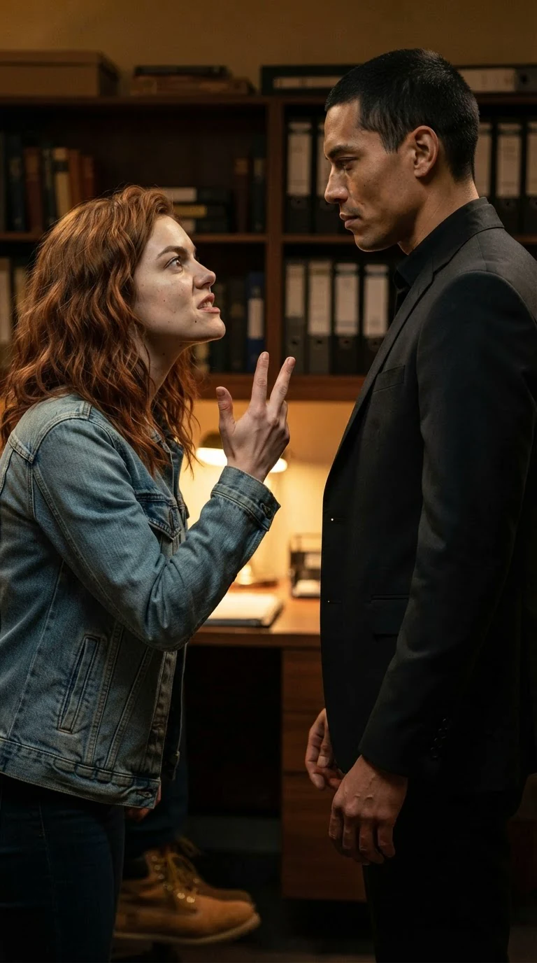 A young woman in a denim jacket stands in a dark wood office, one hand raised, facing a tall man in a suit.