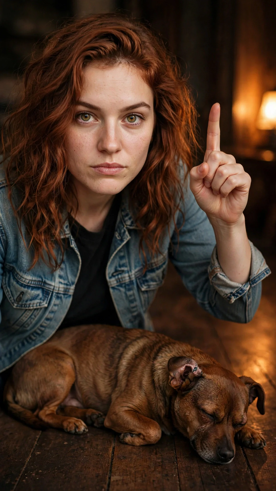 Close view of the woman holding up one finger, a scruffy brown dog asleep on the floor behind her.