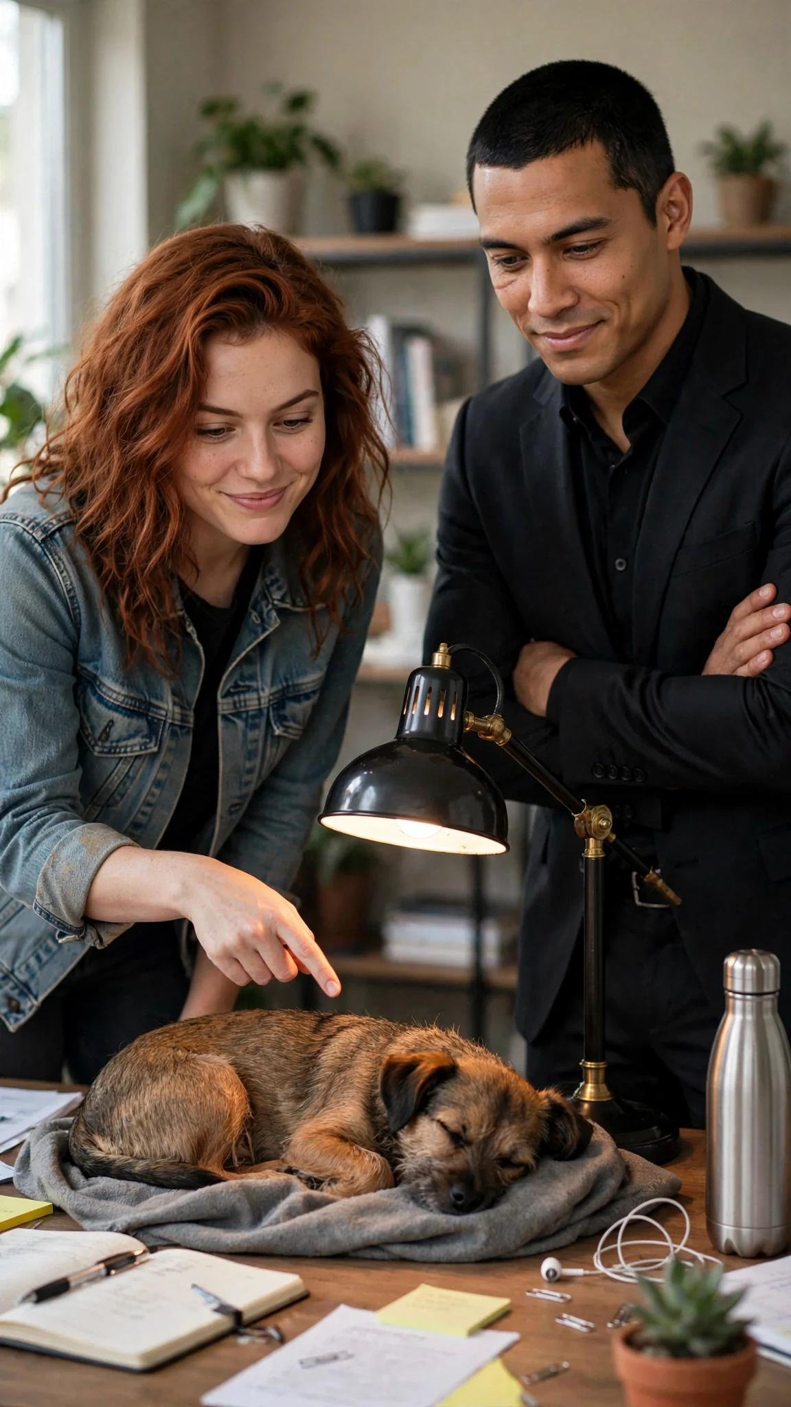 The woman leans in, pointing at the dog, as the man listens with folded arms.