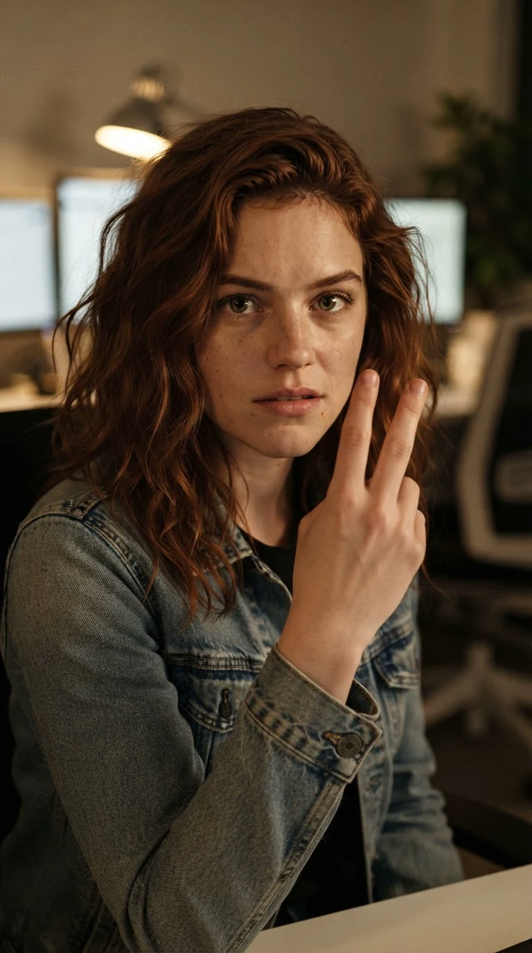 The woman holds up two fingers, serious now, dog hair on her sleeve.