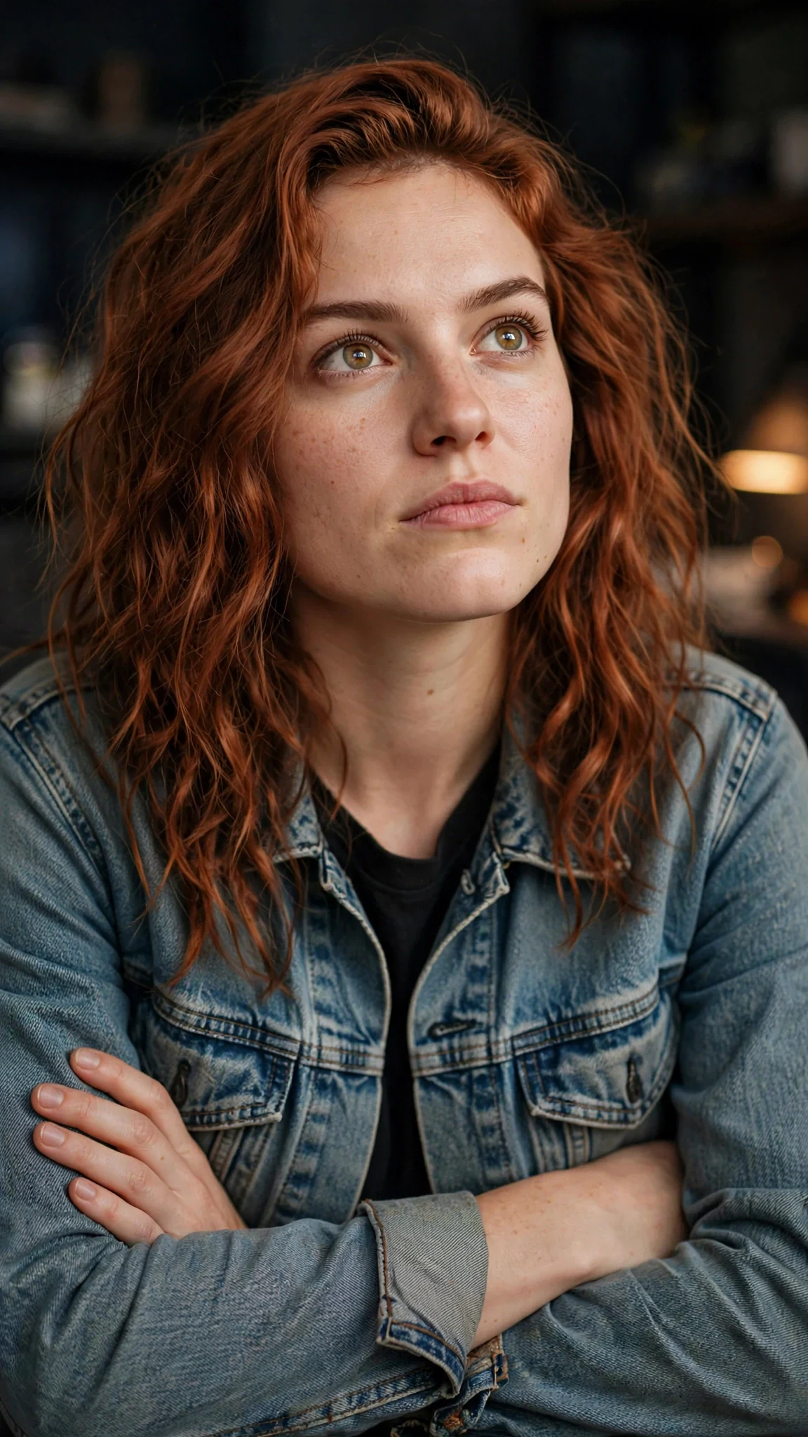 The woman's face up close, eyes bright and wet, arms crossed tight over her jacket.