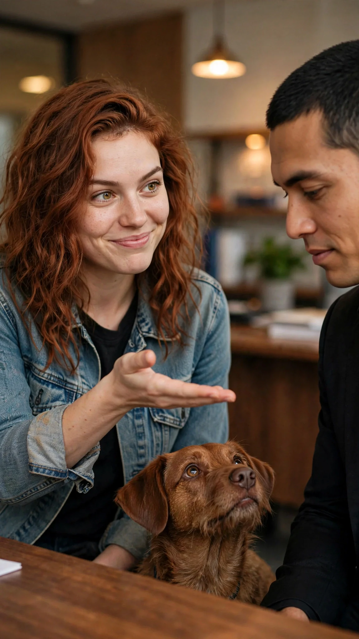 The woman shrugs with a crooked grin, the dog lifting its head between them.
