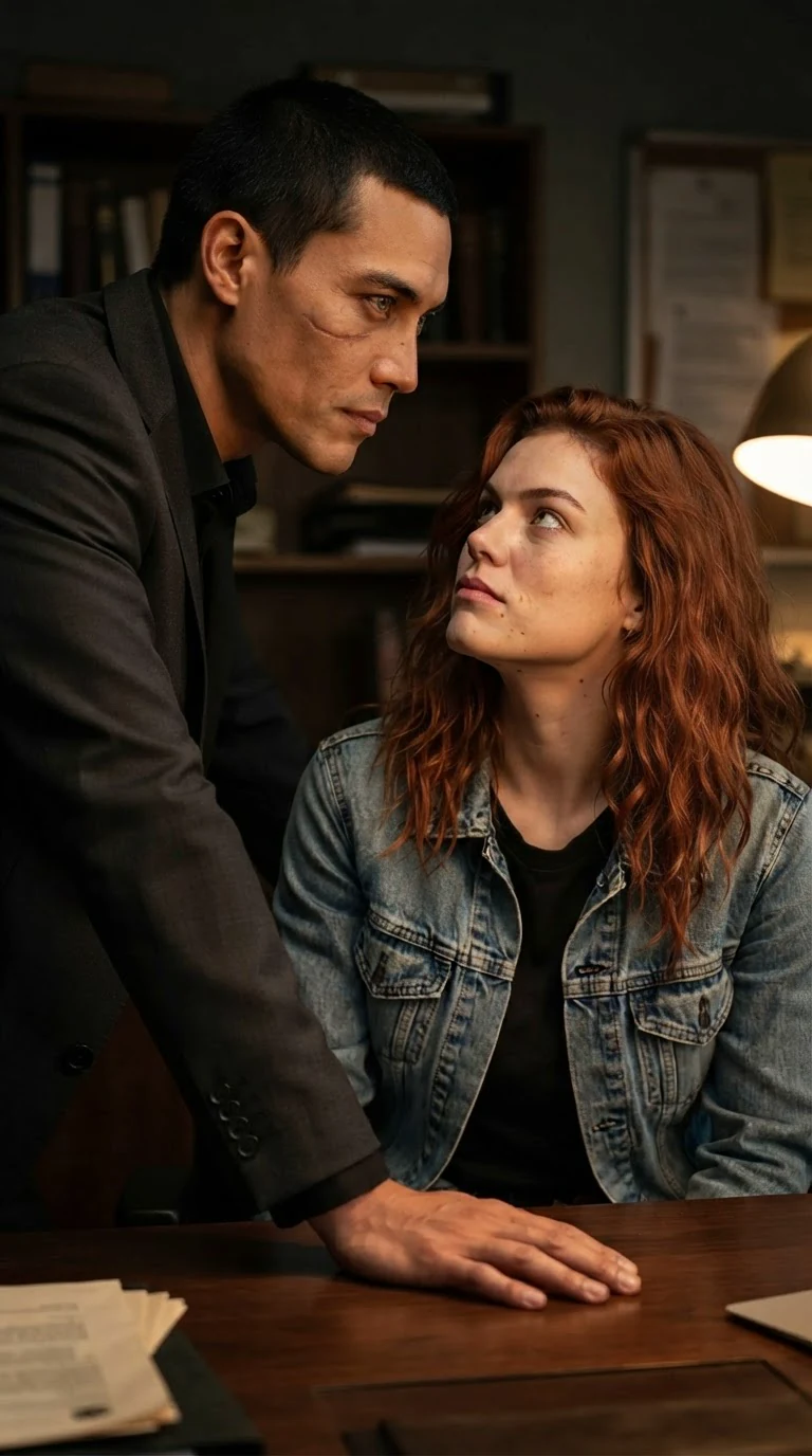The man steps around the desk toward her, close, his hand resting on the wood beside her hip.