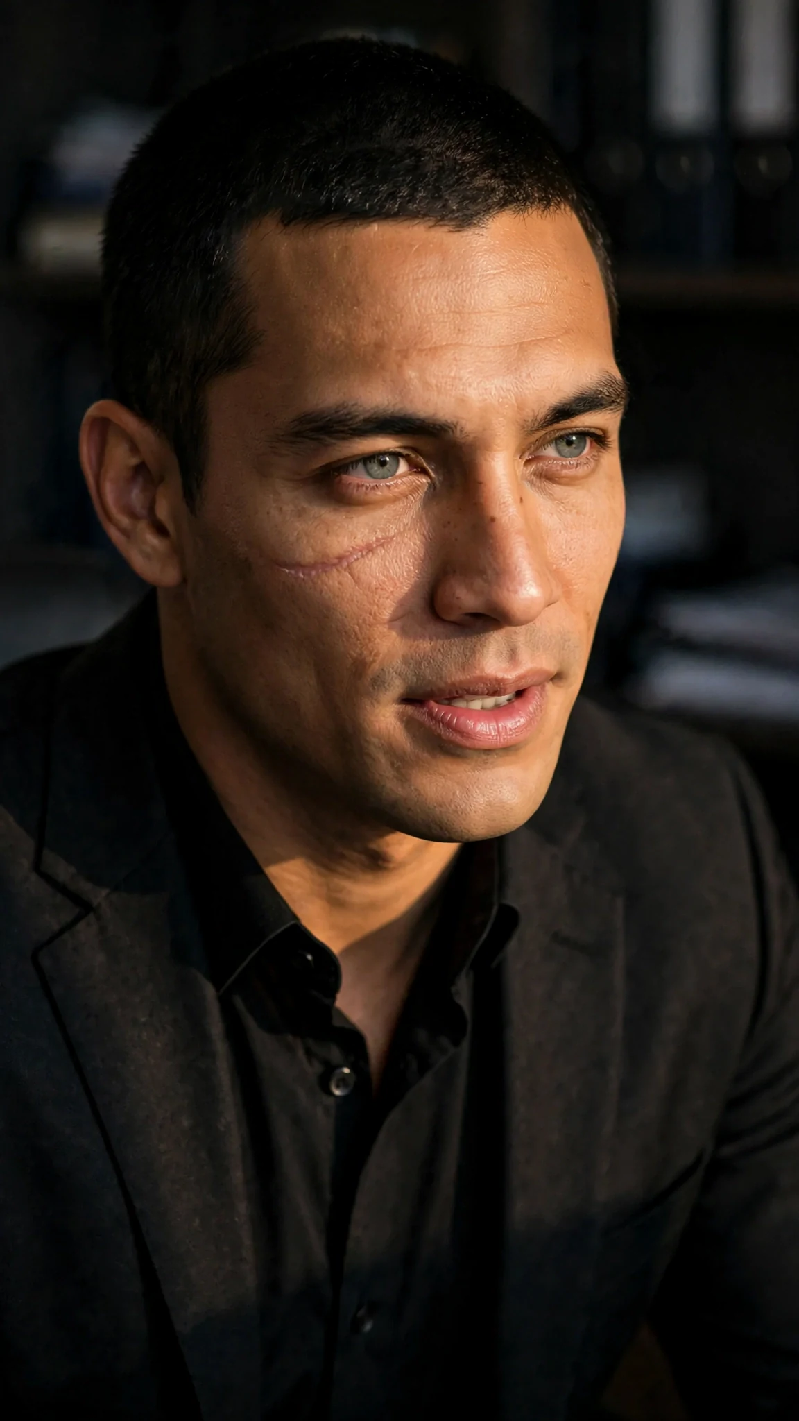 Very close shot of the man's face as he speaks, his eyes locked on her.
