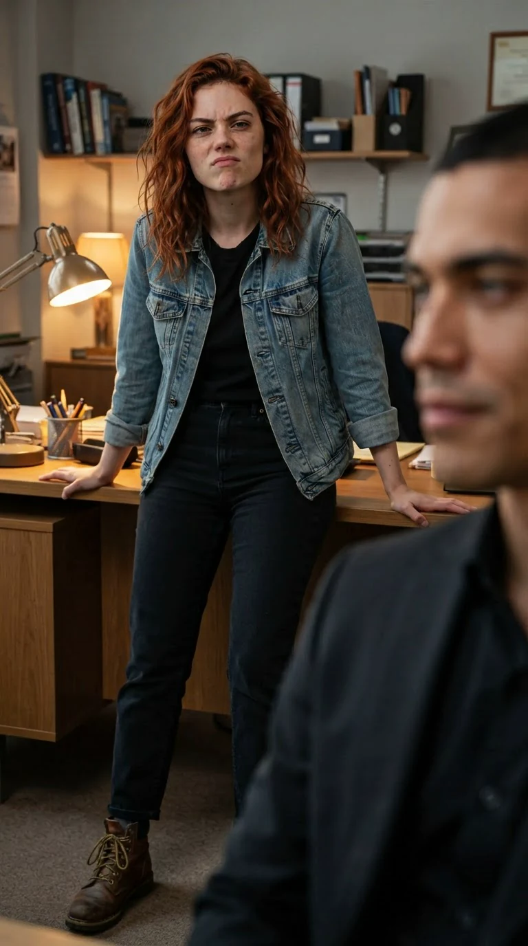 The woman's hands flat on the desk, leaning away from him, chin up.