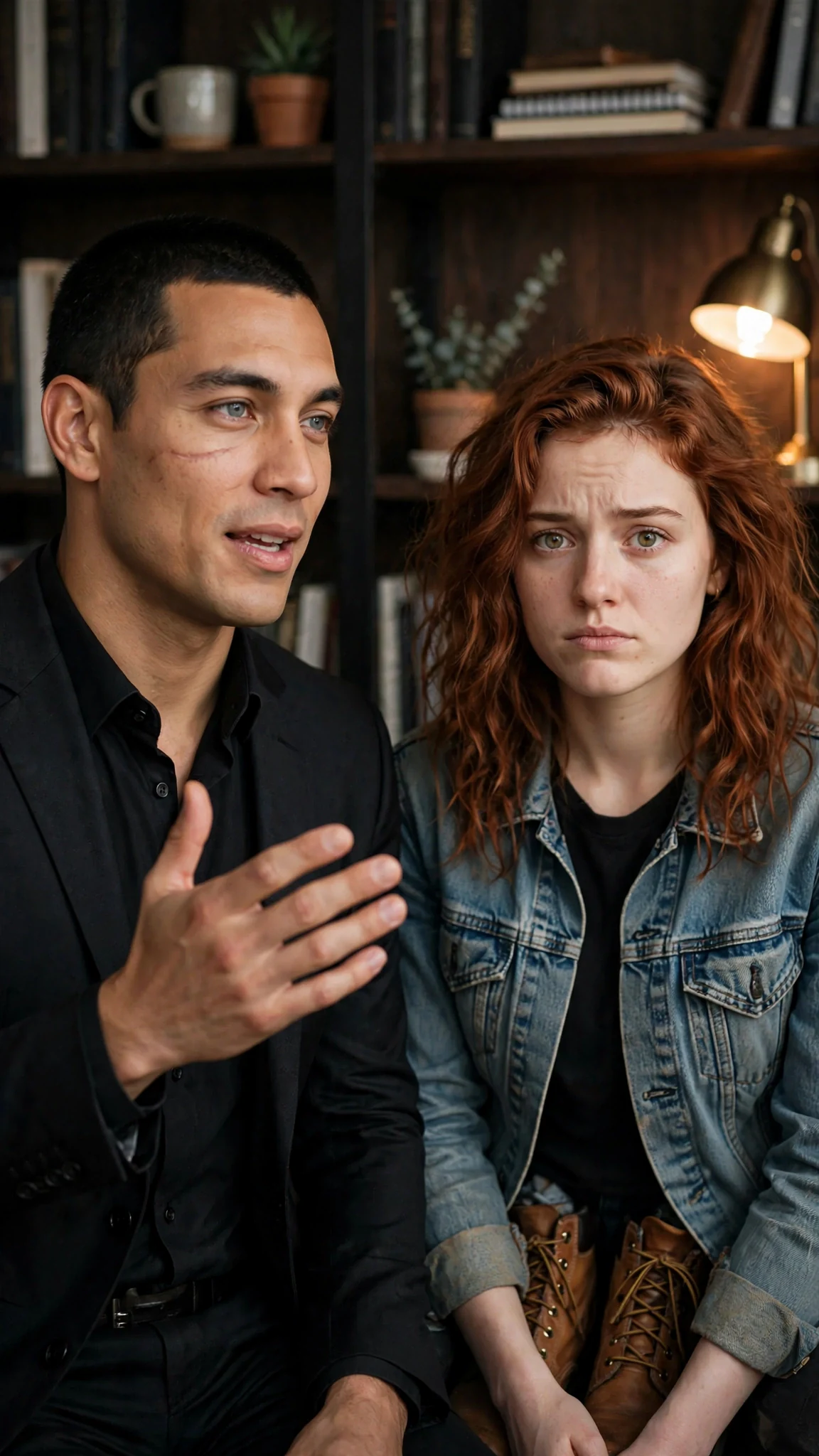 The man's hand lifts slightly as he speaks, his voice flat, her face pale beside him.