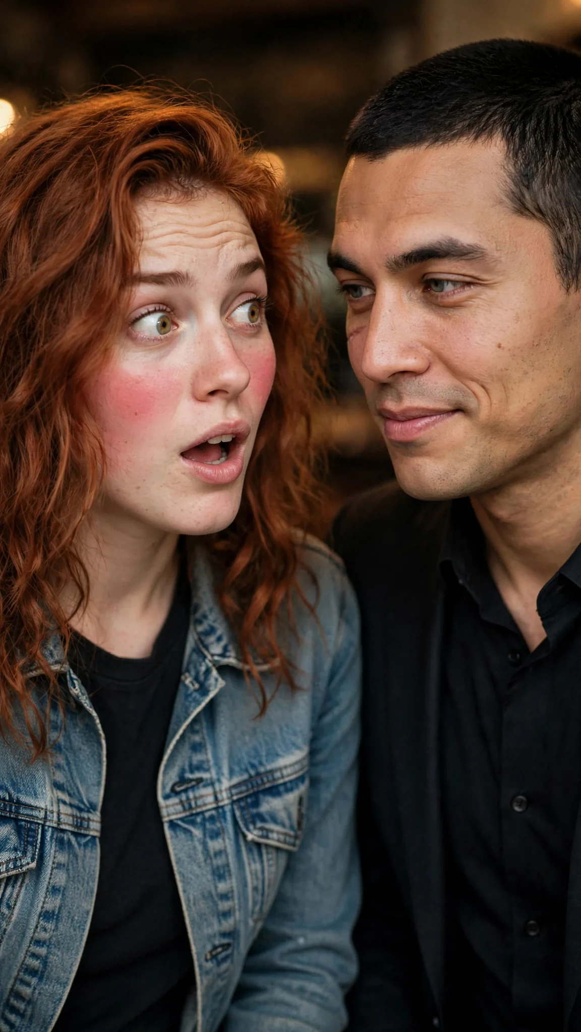 The woman's eyebrows lift, a flush rising on her cheeks, and the man's gaze doesn't move.