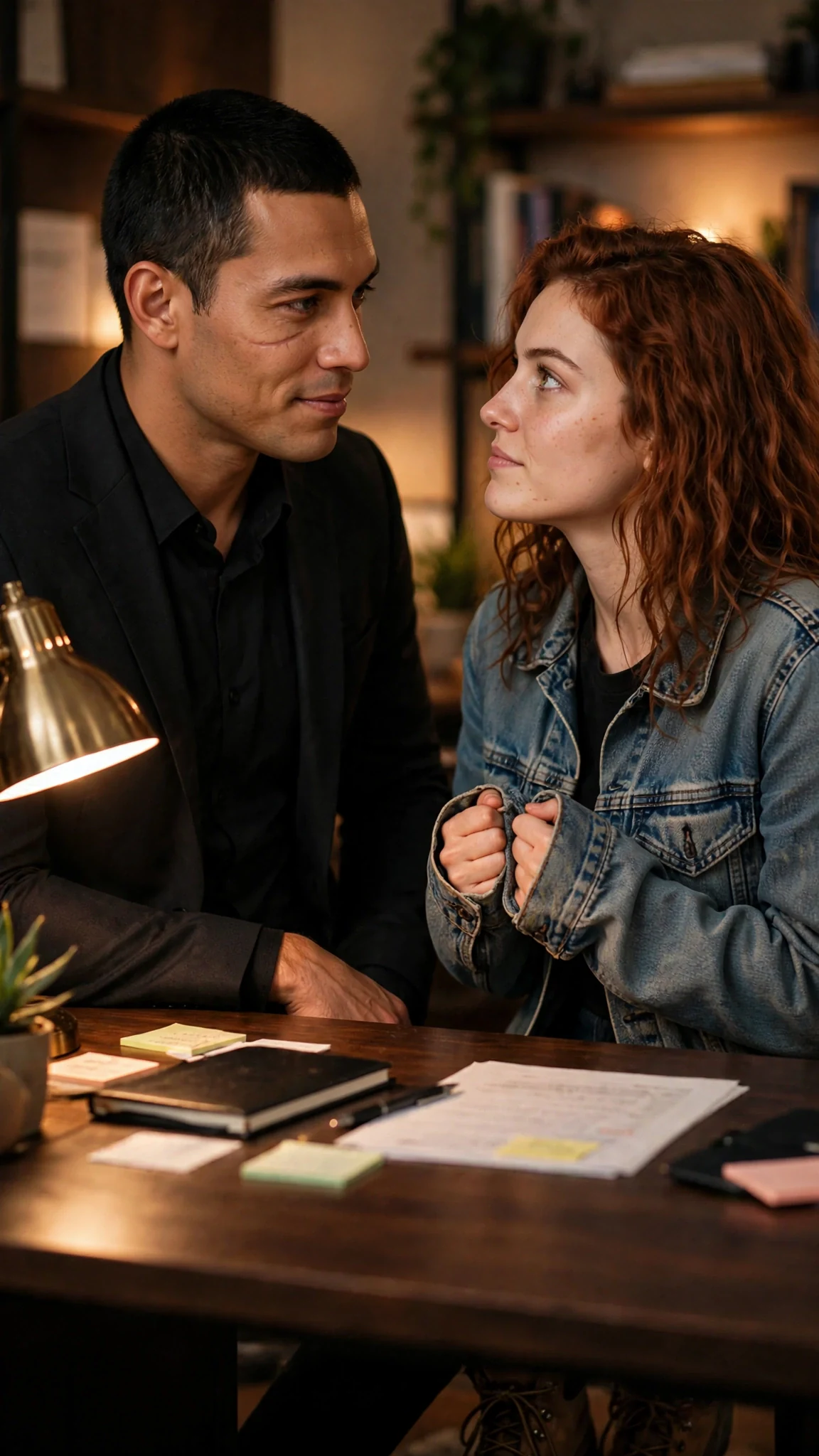 The man leans back against the desk and watches her say it, a small fire in his eyes.