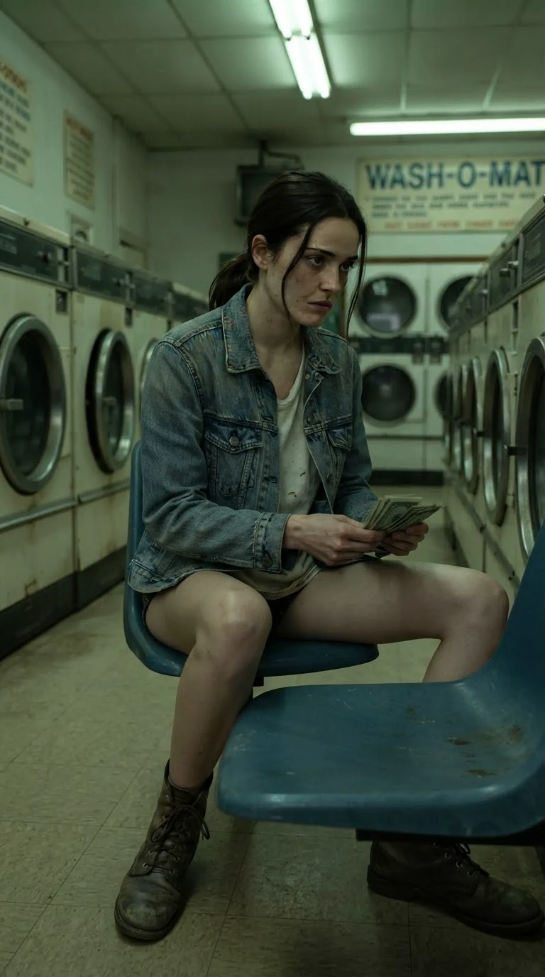 A lonely young woman counts cash on her knee inside a shabby laundromat at night.