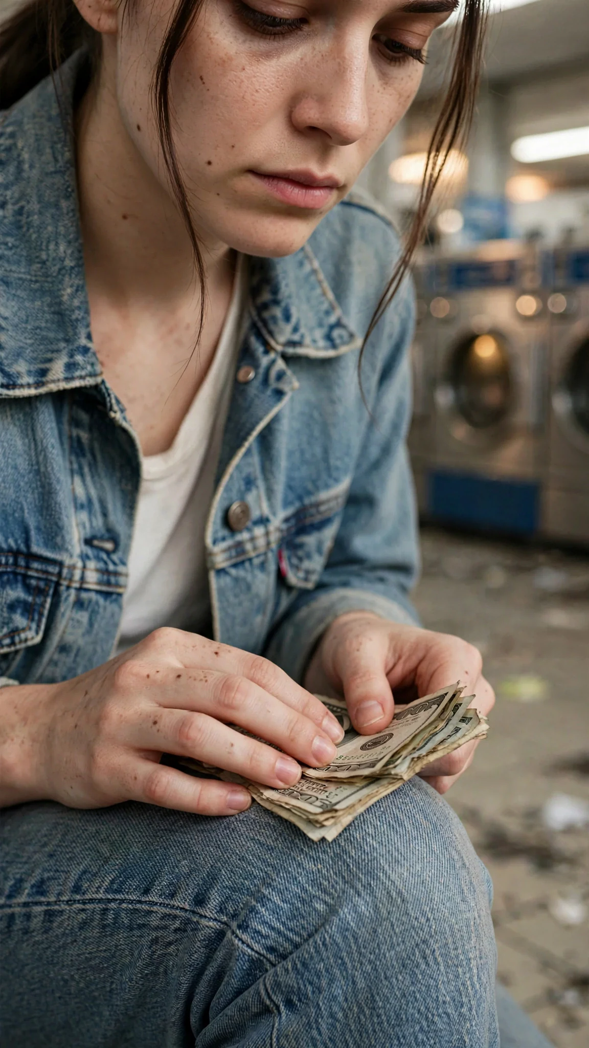 Close view of the woman’s hands smoothing a small stack of worn bills.