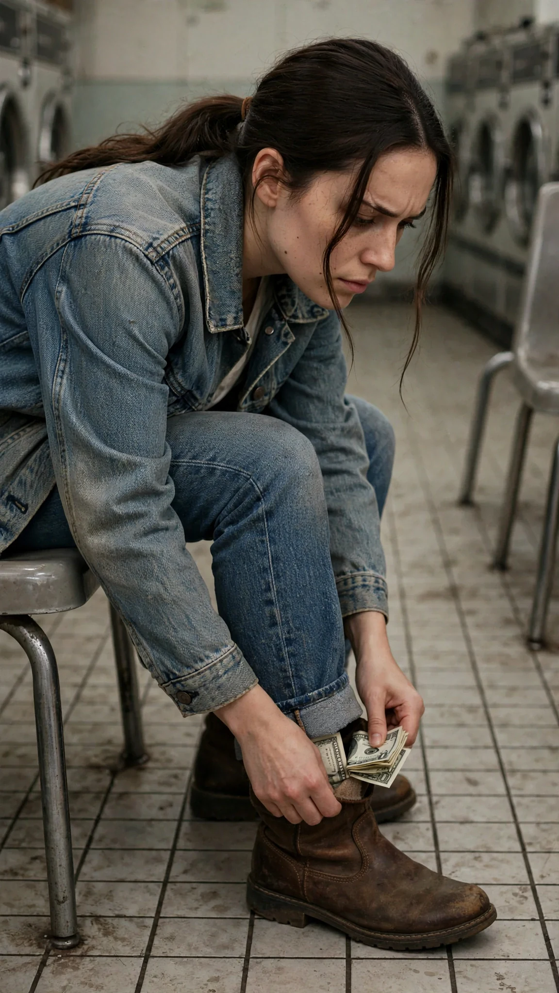 The woman tucks folded bills into the lining of a worn boot beside her chair.