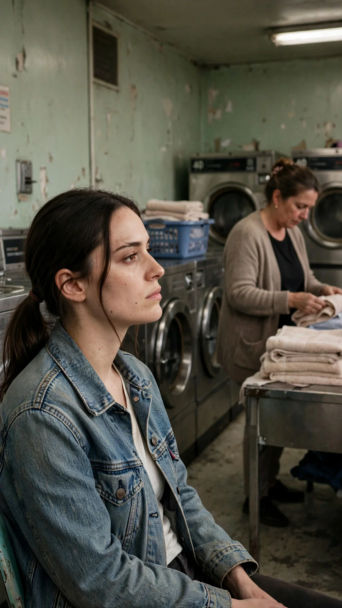The woman sits alone while another customer folds towels nearby and ignores her.