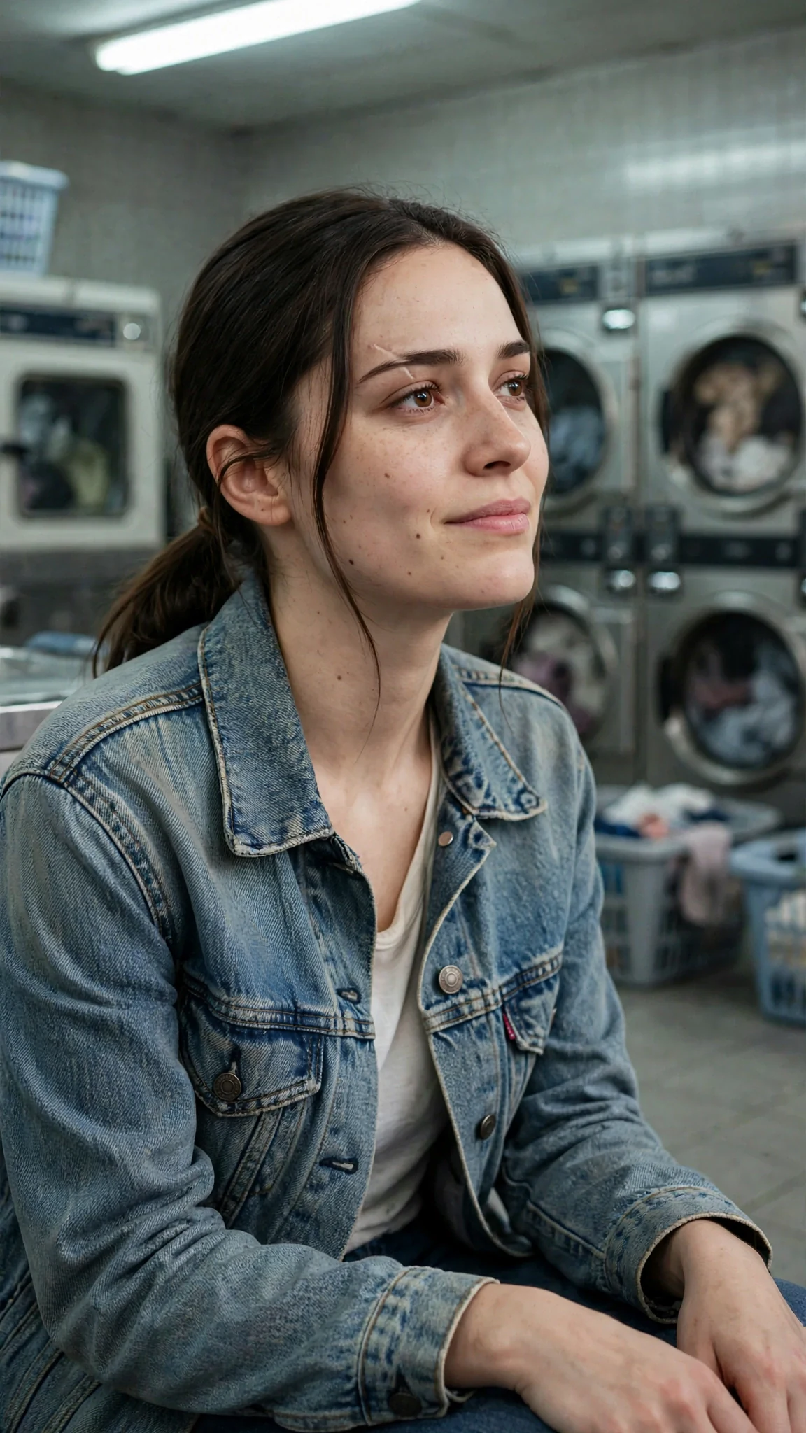 The woman stares past the washing machines with a faint, tired dream in her eyes.