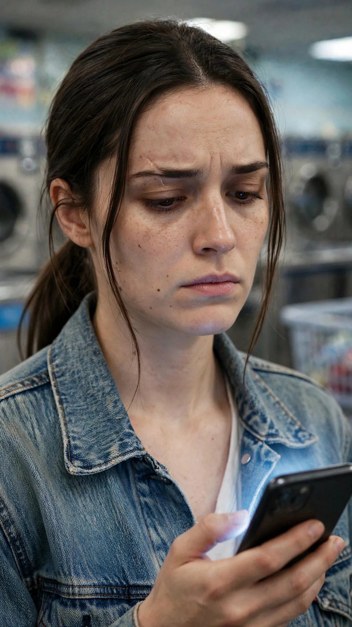 The woman’s phone buzzes in her hand and her face tightens.