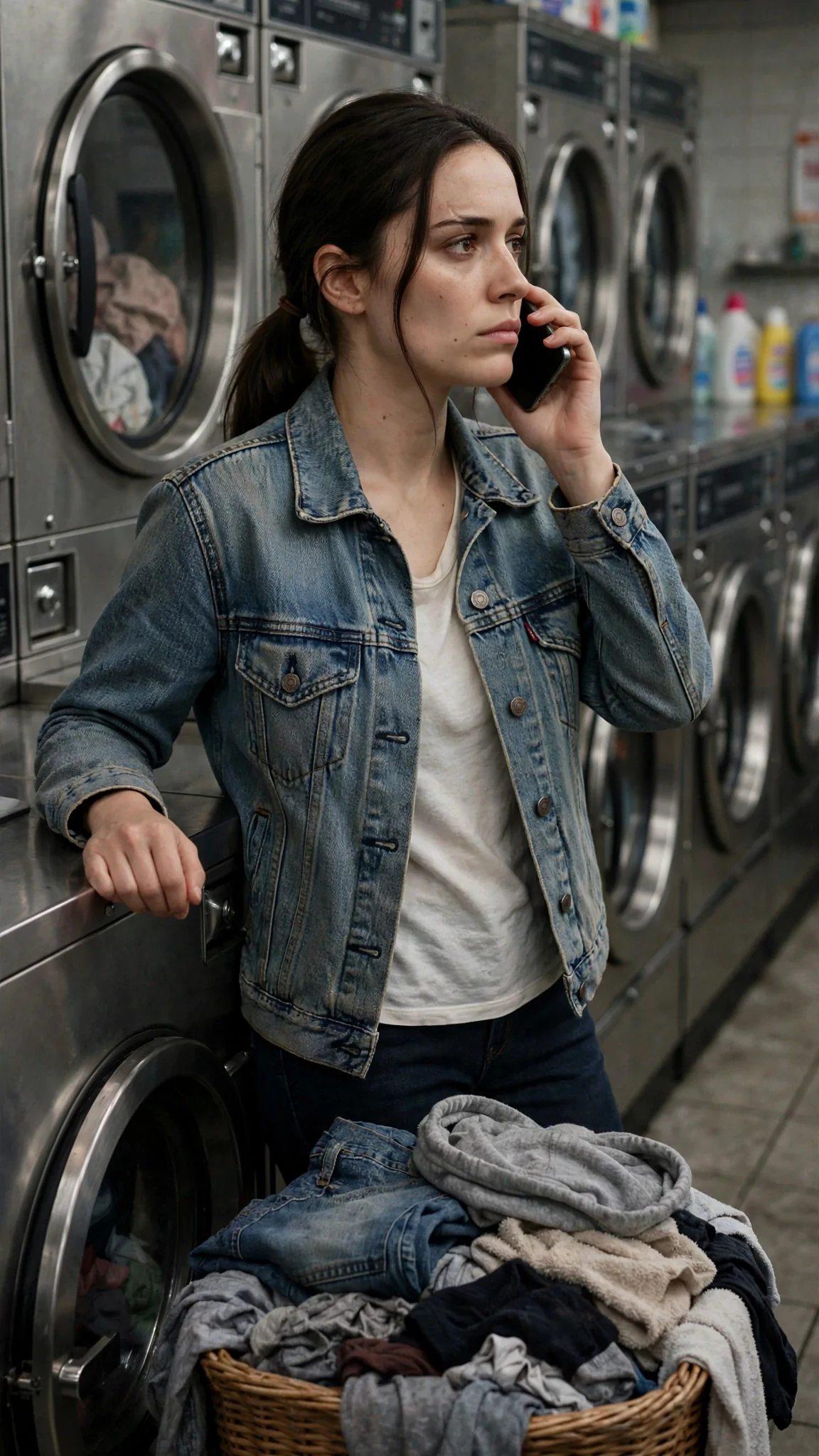 The woman holds the phone to her ear, jaw tight, in the empty laundromat.