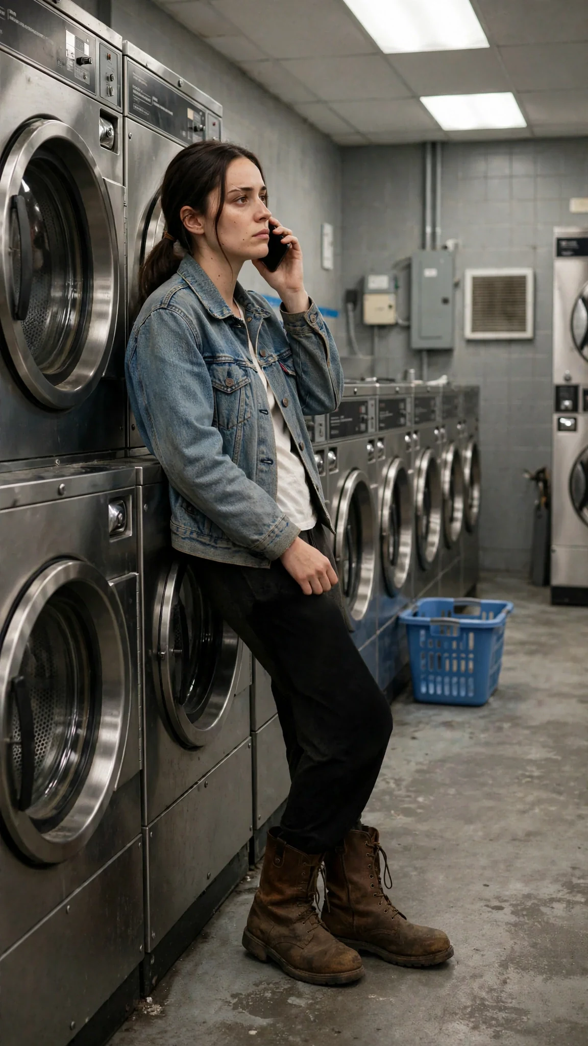 The woman leans against a washer, phone to her ear, expression dry and tired.