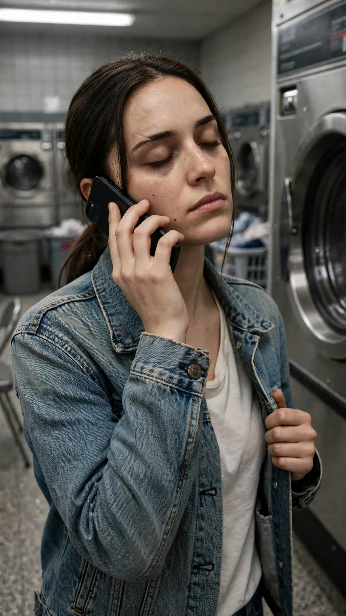 The woman closes her eyes briefly, phone pressed to her ear.