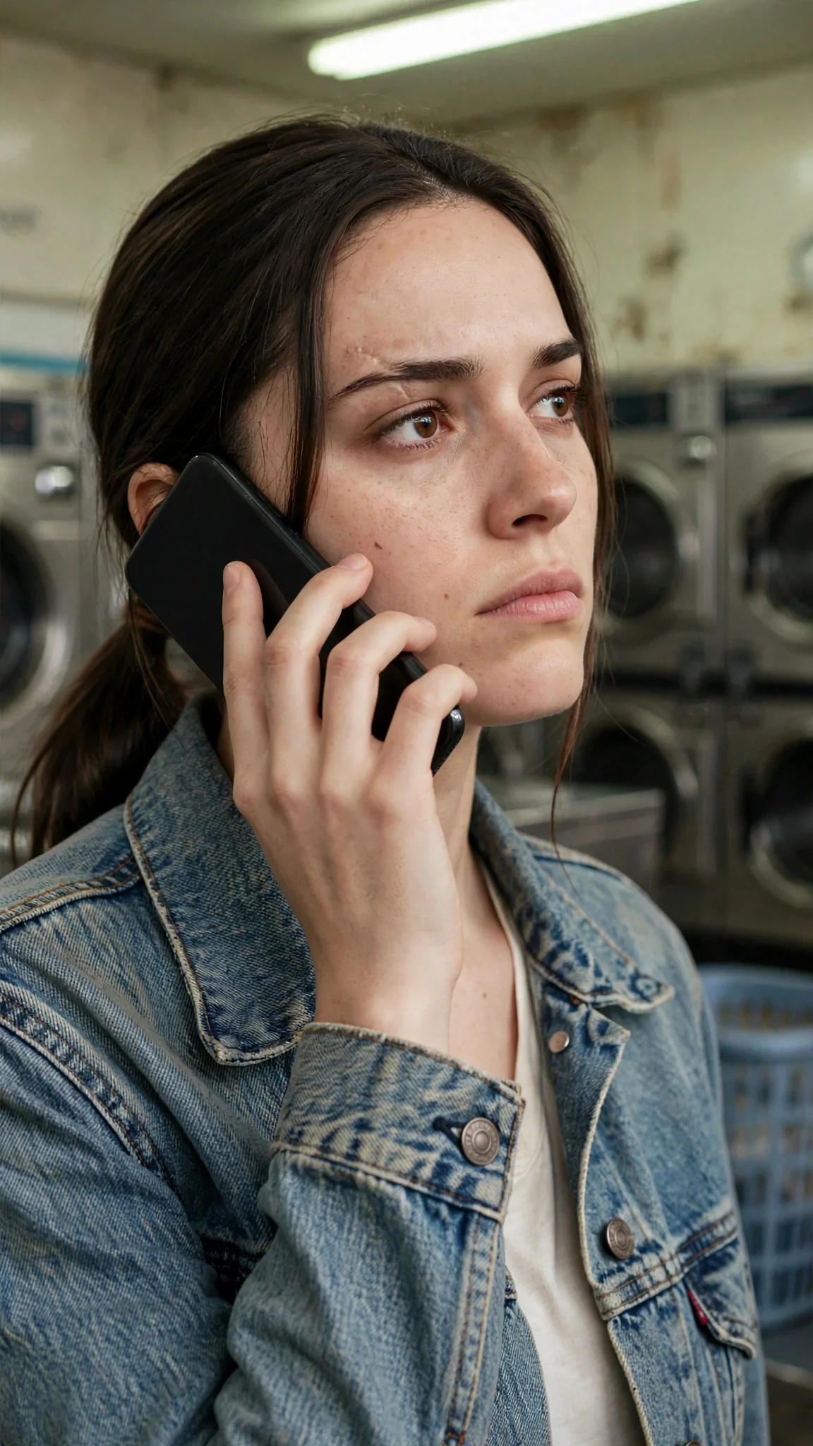 The woman’s face hardens as she listens to her sister on the phone.
