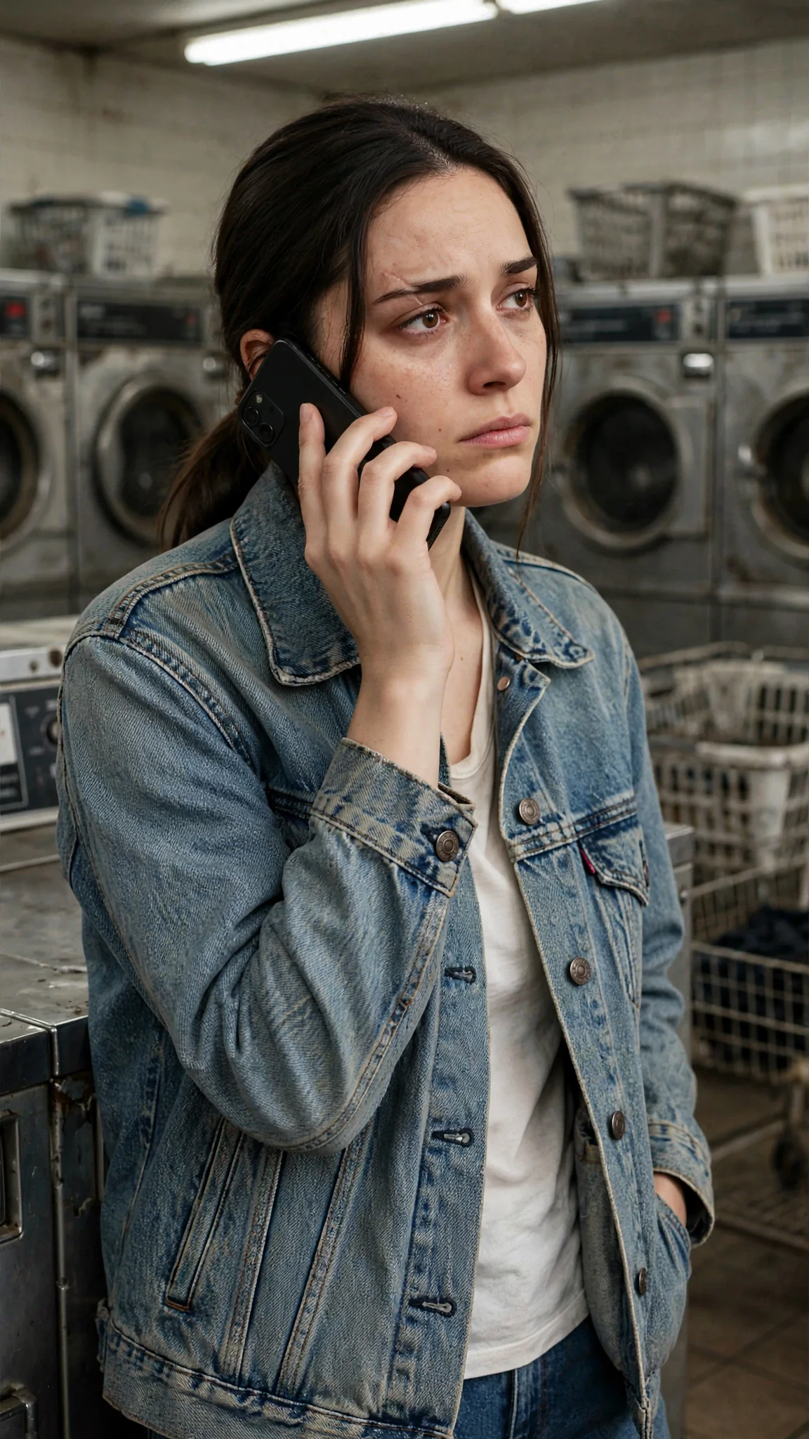 The woman speaks quietly into the phone, expression flat and hurt.